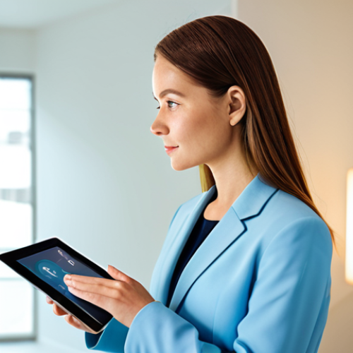 Home 4 A professional young woman in a modest, elegant business casual outfit, gently holding a sleek tablet. Her face is reflected on the screen, overlaid with sophisticated AI skin analysis data, showcasing glowing zones and precise skin health metrics. She appears focused and confident, in a brightly lit, minimalist home beauty studio. The image features professional photography, natural lighting, sharp focus, vibrant colors, perfect anatomy, correct proportions, well-formed hands, natural body proportions, natural pose, fully clothed, modest clothing, appropriate attire, professional dress, safe for work, appropriate content, family-friendly.
